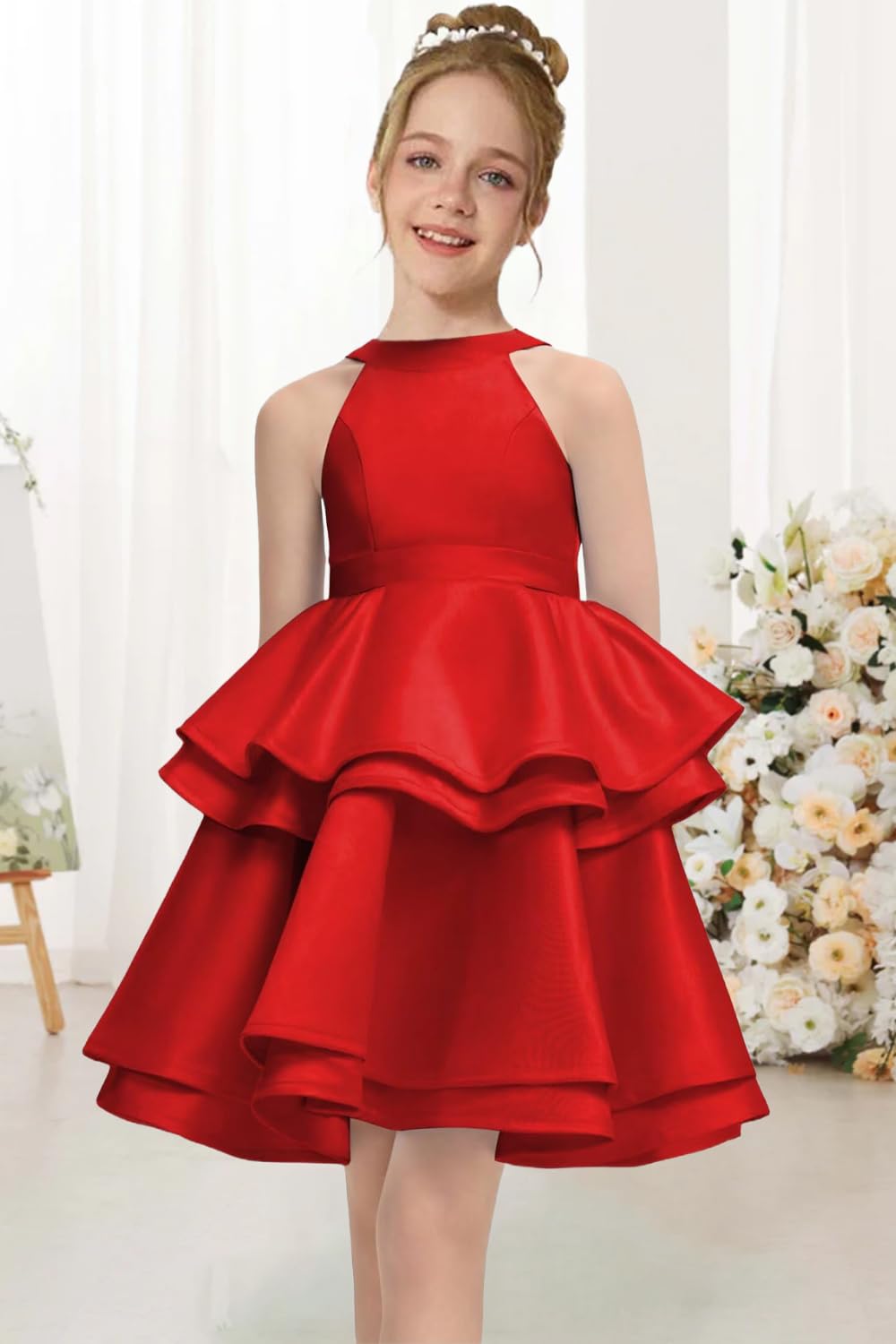 Satin Flower Girl Dress Layers Pageant Dresses Short Party Formal Ball Gown for Girls UJR086