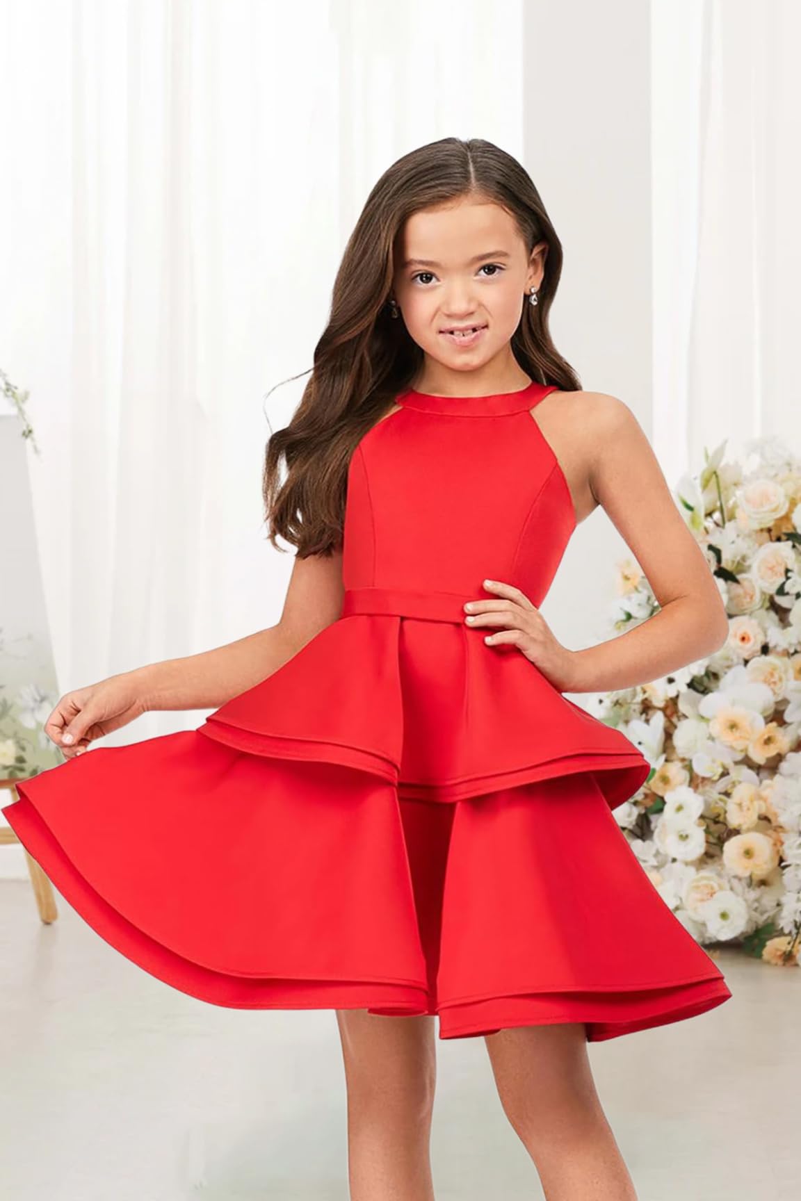 Satin Flower Girl Dress Layers Pageant Dresses Short Party Formal Ball Gown for Girls UJR086