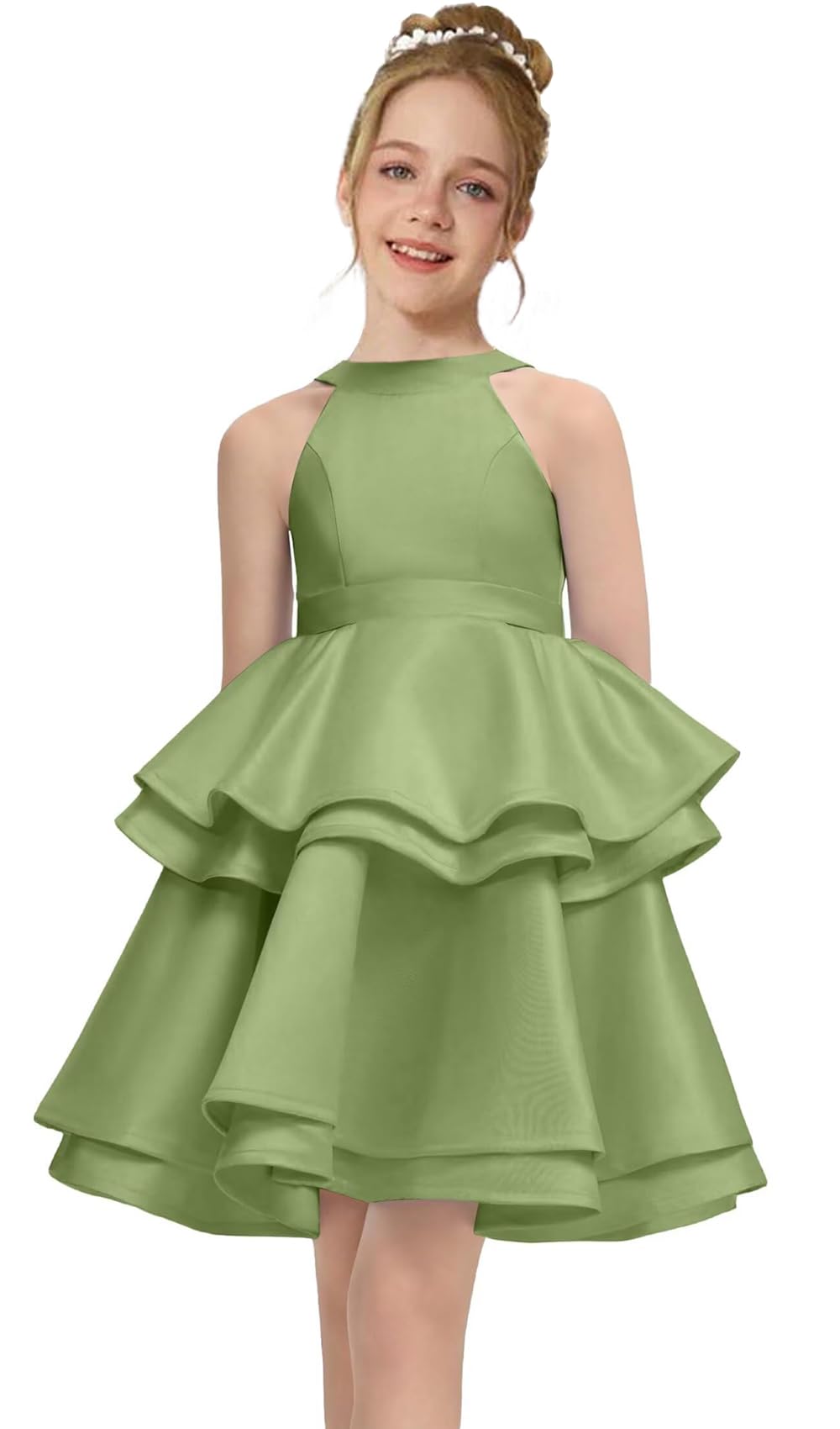 Satin Flower Girl Dress Layers Pageant Dresses Short Party Formal Ball Gown for Girls UJR086