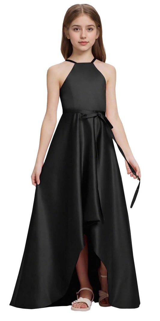 Satin Junior Bridesmaid Teens Halter Neck Flower Girl Dress Hi-Low Skirt Bow Belt Princess Pageant Formal Gown