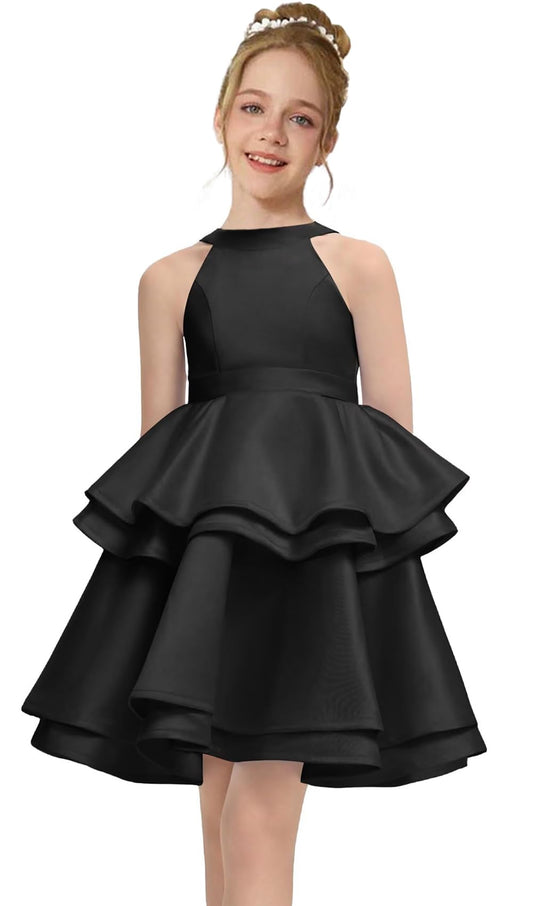 Satin Flower Girl Dress Layers Pageant Dresses Short Party Formal Ball Gown for Girls UJR086