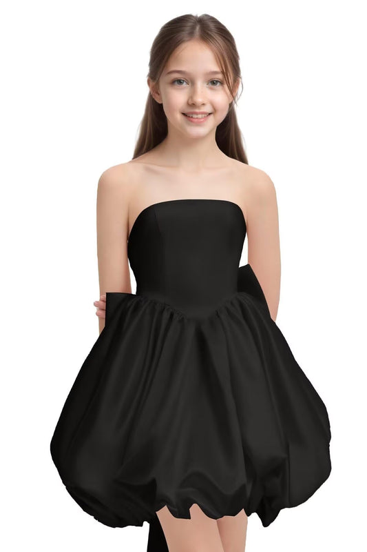 Girls' Satin Strapless Party Dress with Large Bow and Train Wedding Guest Formal Evening Party Dress 2-14
