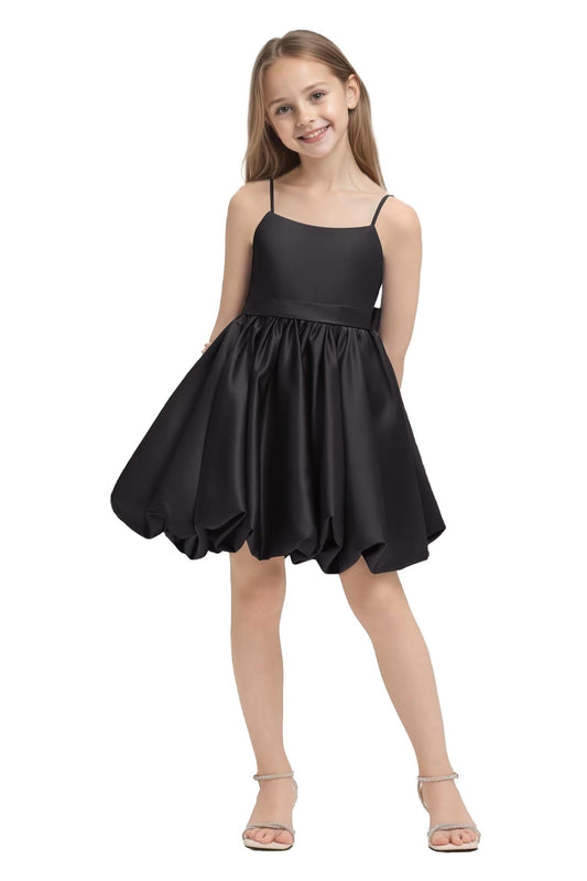Girls' Satin Bubble Hem Dress Spaghetti Strap Party Wedding Flower Girl Outfit 2-14