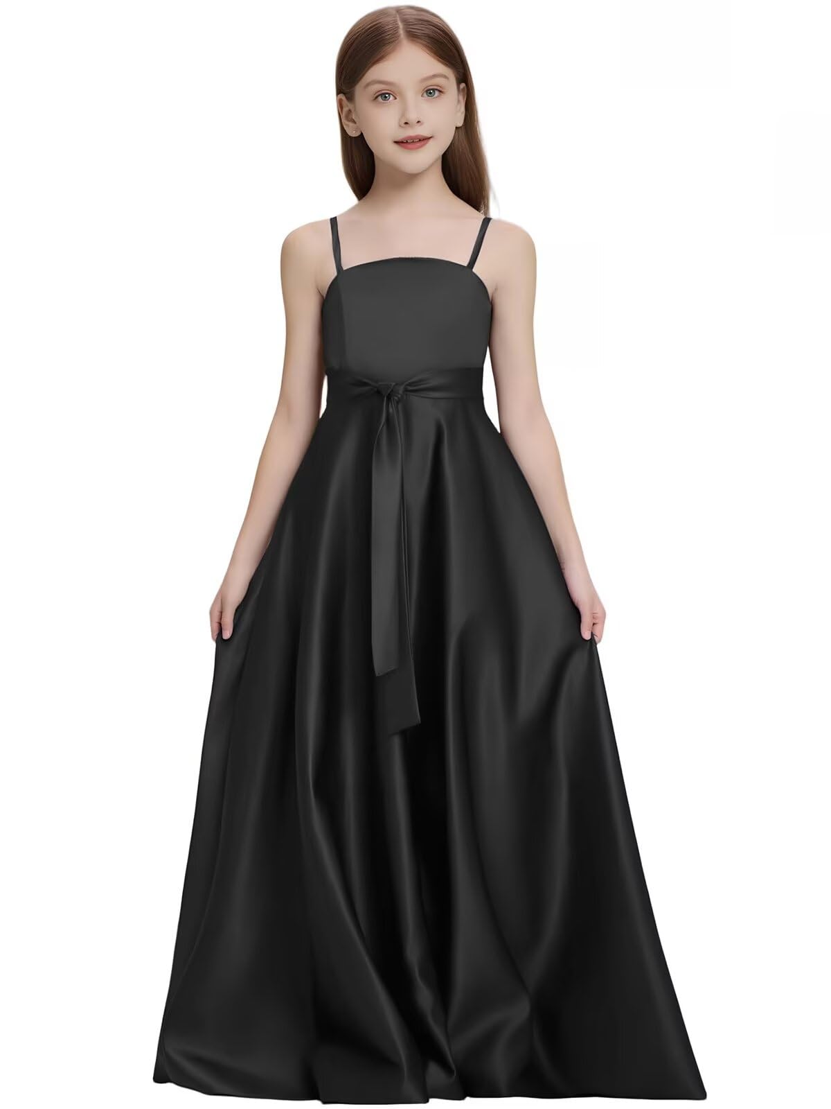 Satin Junior Bridesmaid Dress with Pockets Spaghetti Straps Bow Belt Flower Girl Dresses for Wedding