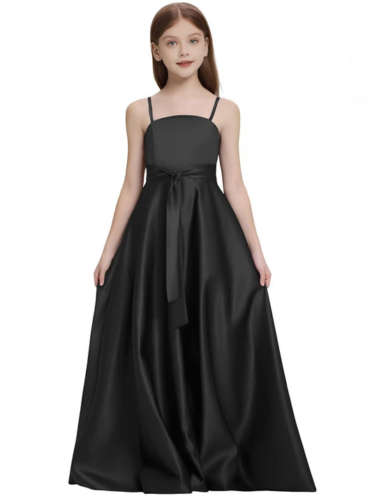 Satin Junior Bridesmaid Dress with Pockets Spaghetti Straps Bow Belt Flower Girl Dresses for Wedding