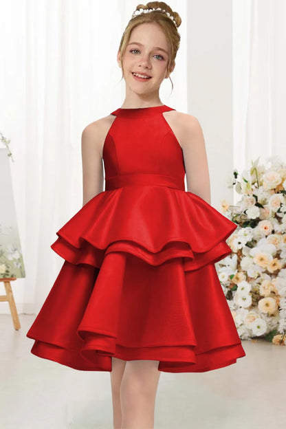 Satin Flower Girl Dress Layers Pageant Dresses Short Party Formal Ball Gown for Girls UJR086