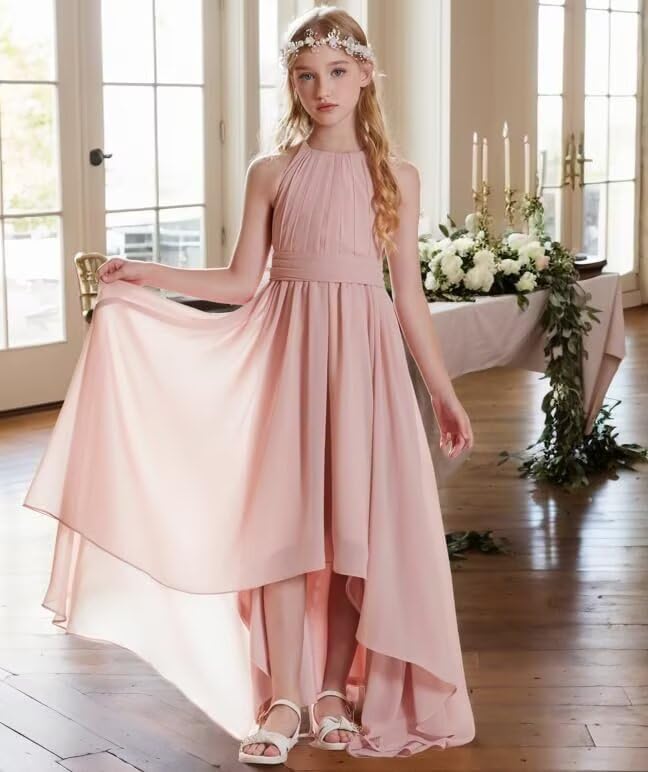 Junior Bridesmaid Dresses Chiffon Halter Floor Length Flower Girl Dresses for Wedding