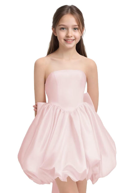 Girls' Satin Strapless Party Dress with Large Bow and Train Wedding Guest Formal Evening Party Dress 2-14
