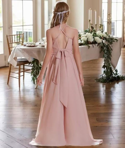 Junior Bridesmaid Dresses Chiffon Halter Floor Length Flower Girl Dresses for Wedding