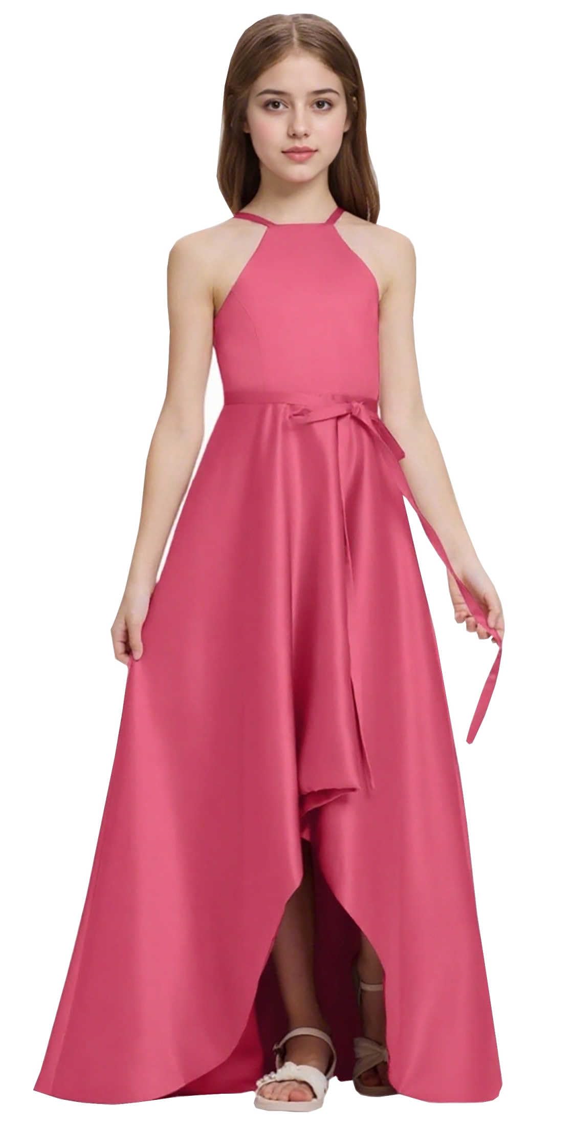 Satin Junior Bridesmaid Teens Halter Neck Flower Girl Dress Hi-Low Skirt Bow Belt Princess Pageant Formal Gown