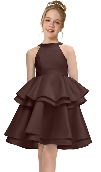 Satin Flower Girl Dress Layers Pageant Dresses Short Party Formal Ball Gown for Girls UJR086