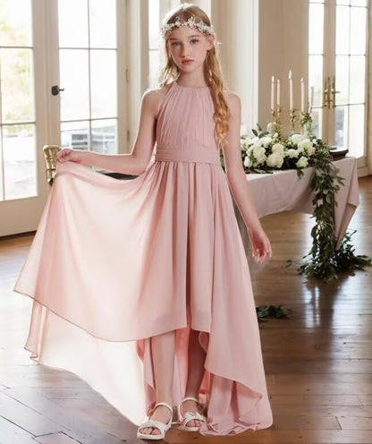 Junior Bridesmaid Dresses Chiffon Halter Floor Length Flower Girl Dresses for Wedding