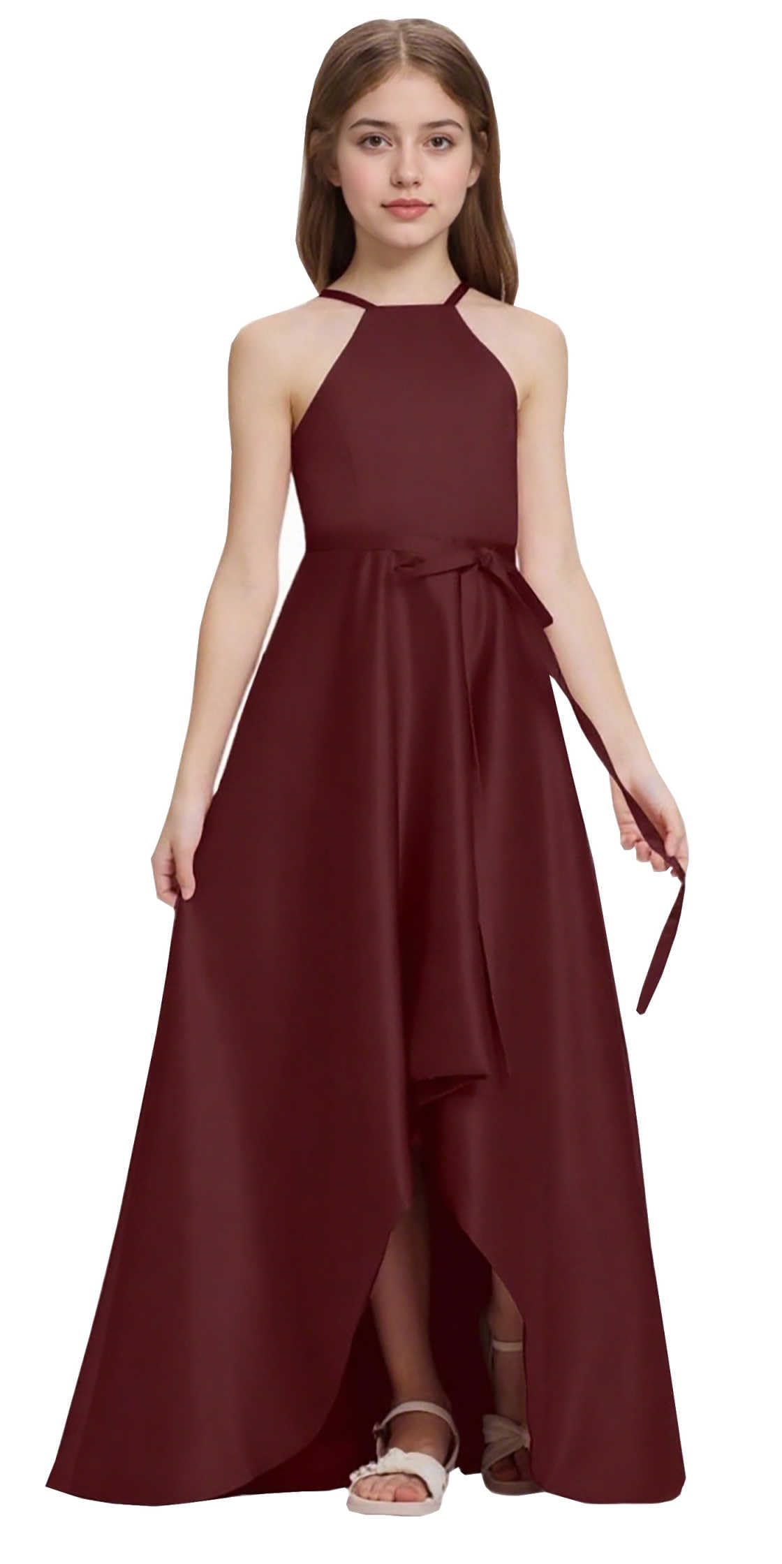 Satin Junior Bridesmaid Teens Halter Neck Flower Girl Dress Hi-Low Skirt Bow Belt Princess Pageant Formal Gown