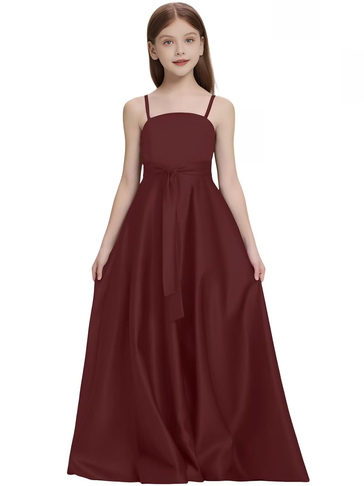 Satin Junior Bridesmaid Dress with Pockets Spaghetti Straps Bow Belt Flower Girl Dresses for Wedding