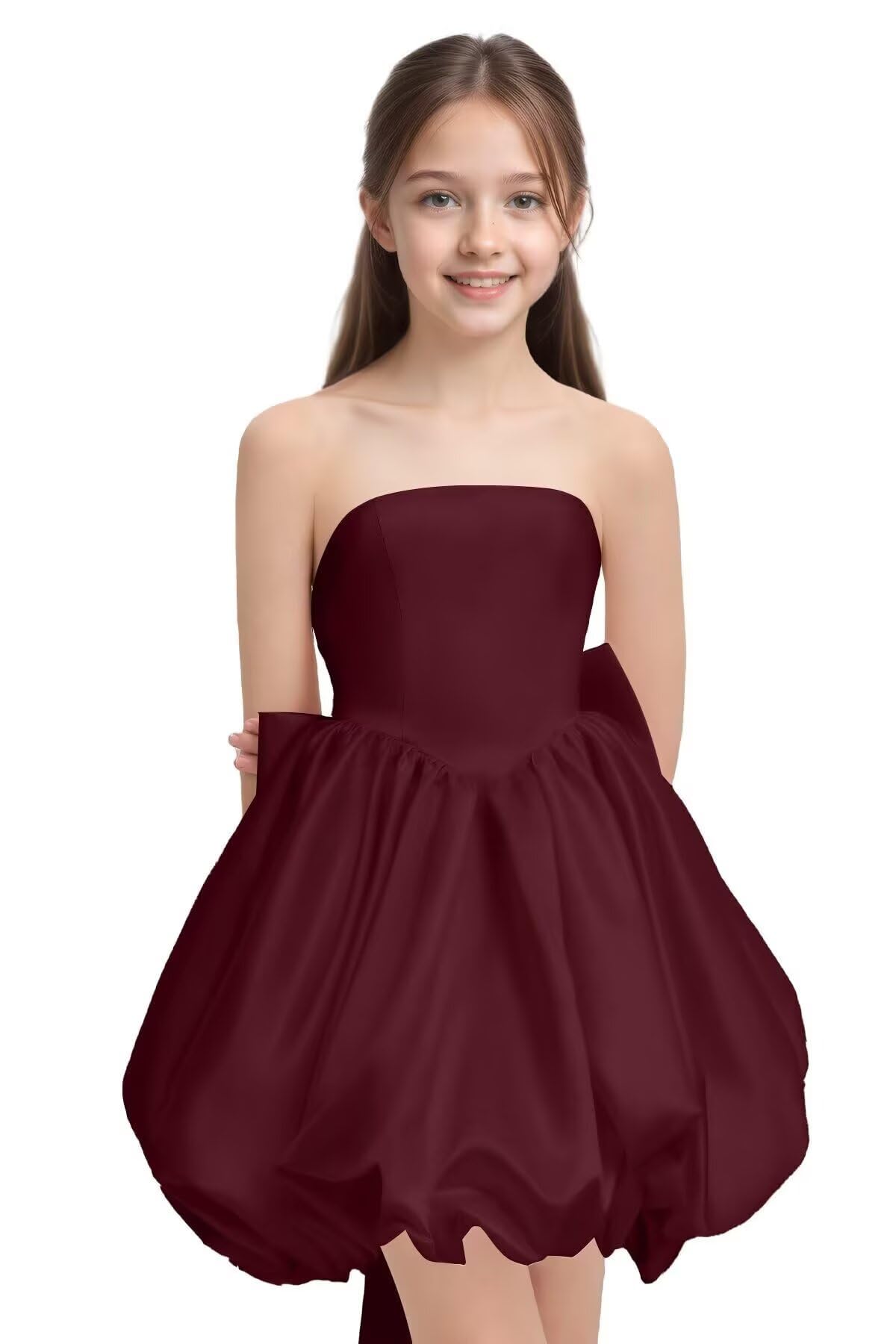 Girls' Satin Strapless Party Dress with Large Bow and Train Wedding Guest Formal Evening Party Dress 2-14