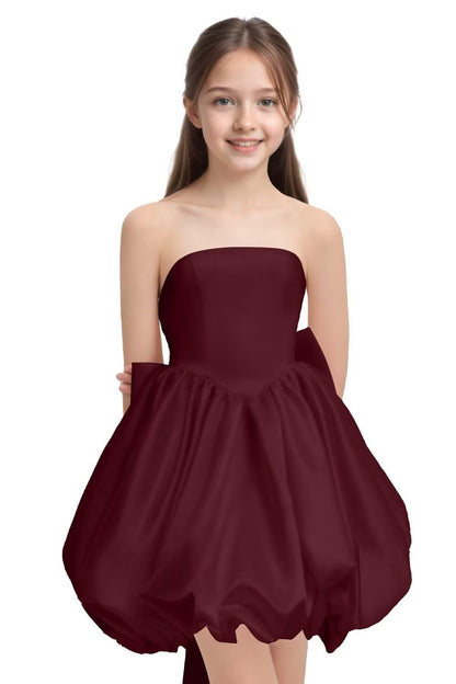 Girls' Satin Strapless Party Dress with Large Bow and Train Wedding Guest Formal Evening Party Dress 2-14