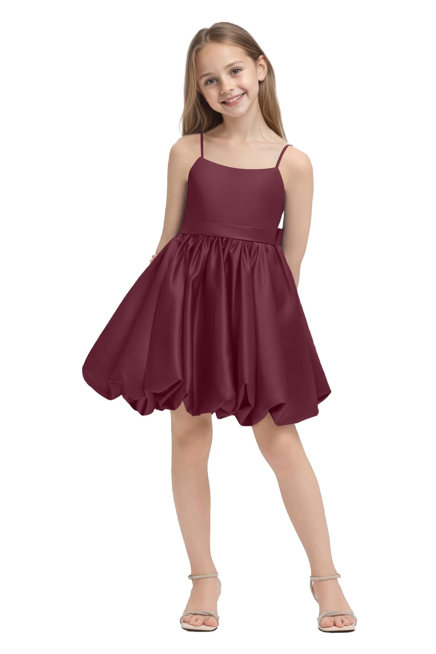 Girls' Satin Bubble Hem Dress Spaghetti Strap Party Wedding Flower Girl Outfit 2-14