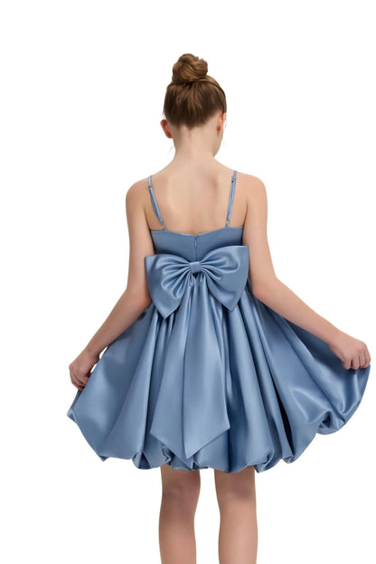 Girls' Satin Bubble Hem Dress Spaghetti Strap Party Wedding Flower Girl Outfit 2-14