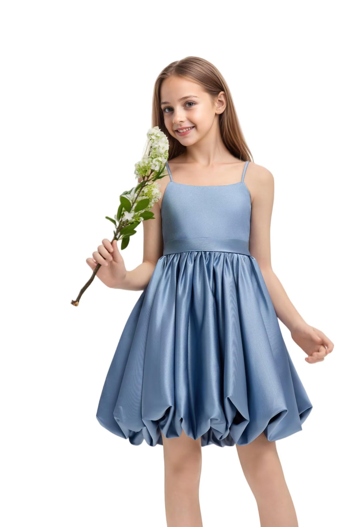 Girls' Satin Bubble Hem Dress Spaghetti Strap Party Wedding Flower Girl Outfit 2-14