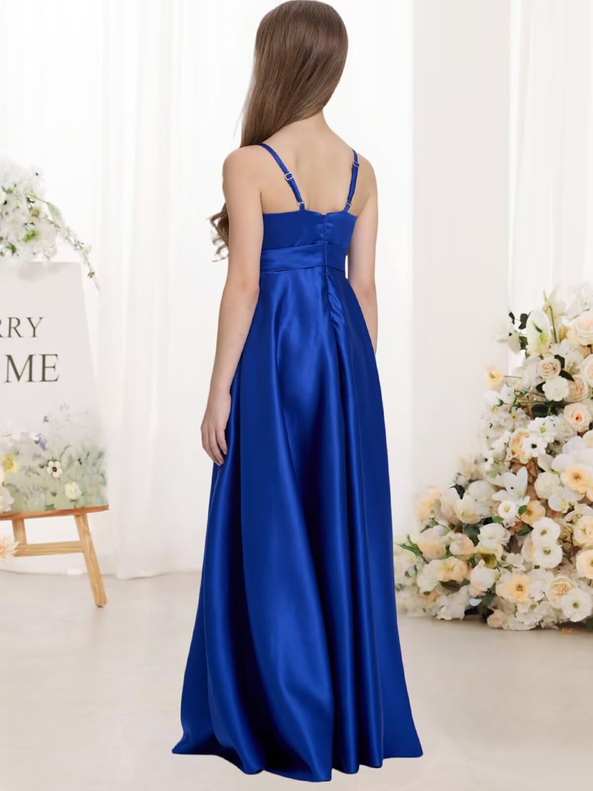 Satin Junior Bridesmaid Dress with Pockets Spaghetti Straps Bow Belt Flower Girl Dresses for Wedding