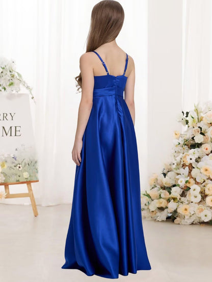 Satin Junior Bridesmaid Dress with Pockets Spaghetti Straps Bow Belt Flower Girl Dresses for Wedding
