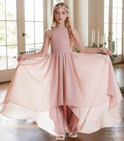 Junior Bridesmaid Dresses Chiffon Halter Floor Length Flower Girl Dresses for Wedding