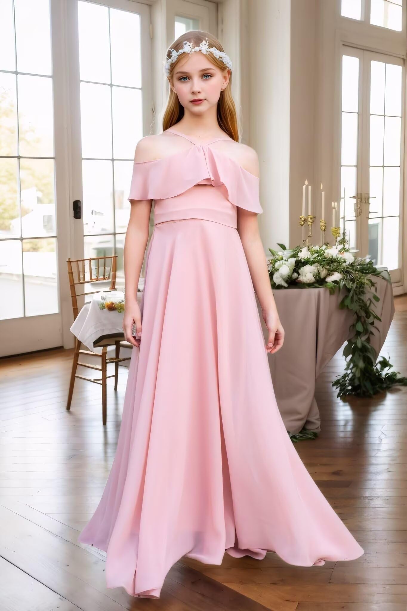 Chiffon Junior Bridesmaid Dresses Halter Floor Length Flower Girl Dresses for Wedding