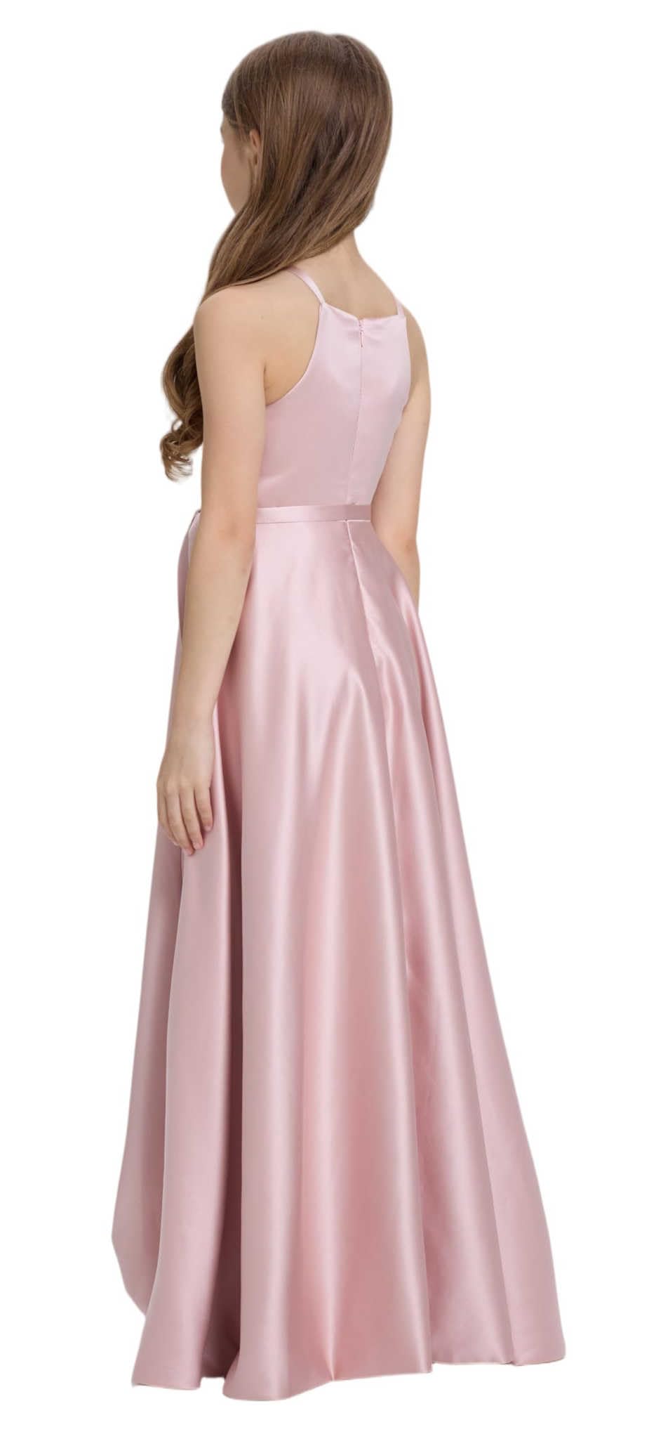 Satin Junior Bridesmaid Teens Halter Neck Flower Girl Dress Hi-Low Skirt Bow Belt Princess Pageant Formal Gown