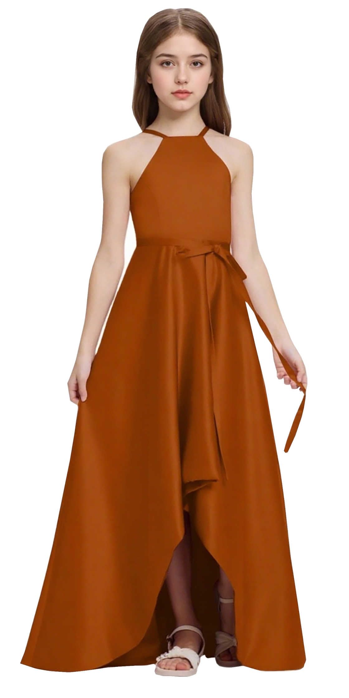 Satin Junior Bridesmaid Teens Halter Neck Flower Girl Dress Hi-Low Skirt Bow Belt Princess Pageant Formal Gown