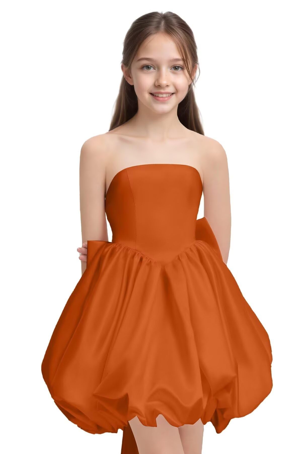 Girls' Satin Strapless Party Dress with Large Bow and Train Wedding Guest Formal Evening Party Dress 2-14