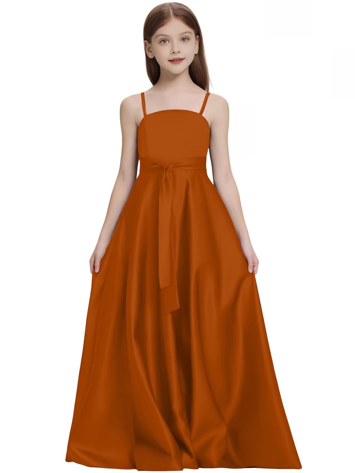 Satin Junior Bridesmaid Dress with Pockets Spaghetti Straps Bow Belt Flower Girl Dresses for Wedding