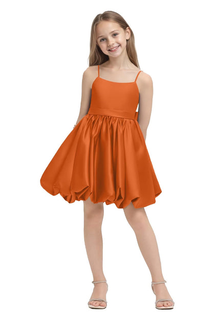 Girls' Satin Bubble Hem Dress Spaghetti Strap Party Wedding Flower Girl Outfit 2-14