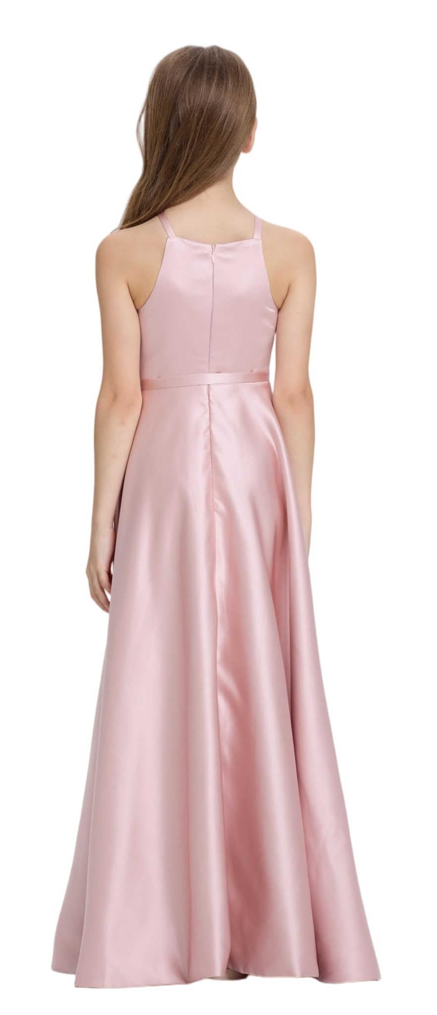 Satin Junior Bridesmaid Teens Halter Neck Flower Girl Dress Hi-Low Skirt Bow Belt Princess Pageant Formal Gown