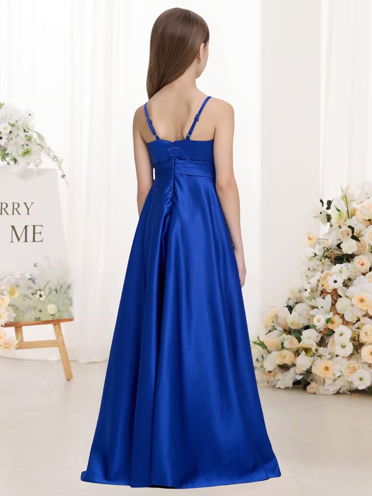 Satin Junior Bridesmaid Dress with Pockets Spaghetti Straps Bow Belt Flower Girl Dresses for Wedding