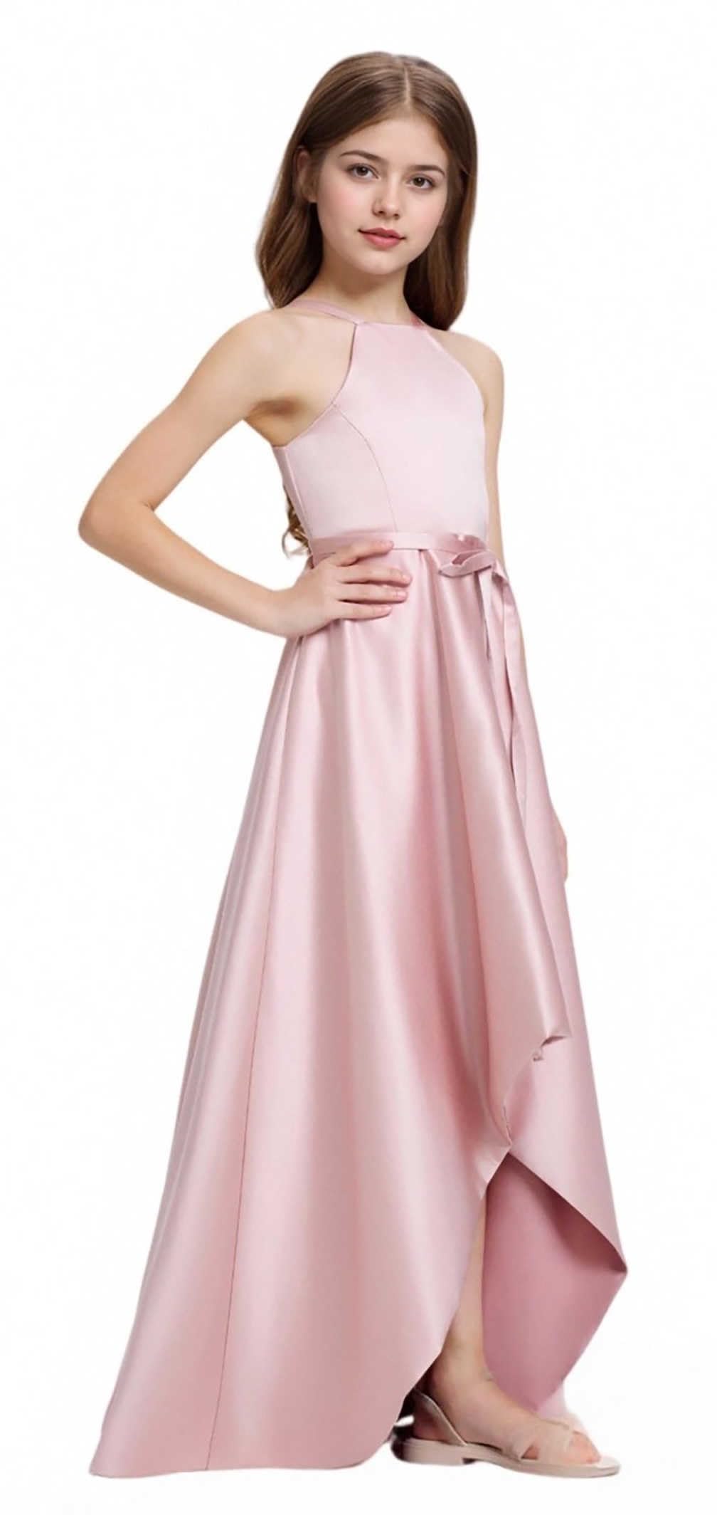 Satin Junior Bridesmaid Teens Halter Neck Flower Girl Dress Hi-Low Skirt Bow Belt Princess Pageant Formal Gown