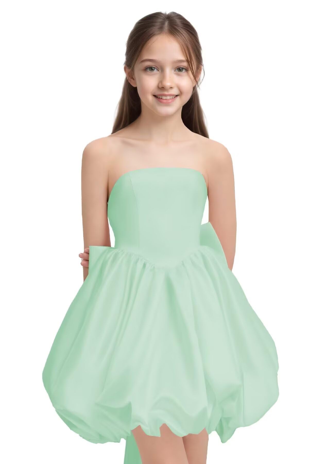 Girls' Satin Strapless Party Dress with Large Bow and Train Wedding Guest Formal Evening Party Dress 2-14