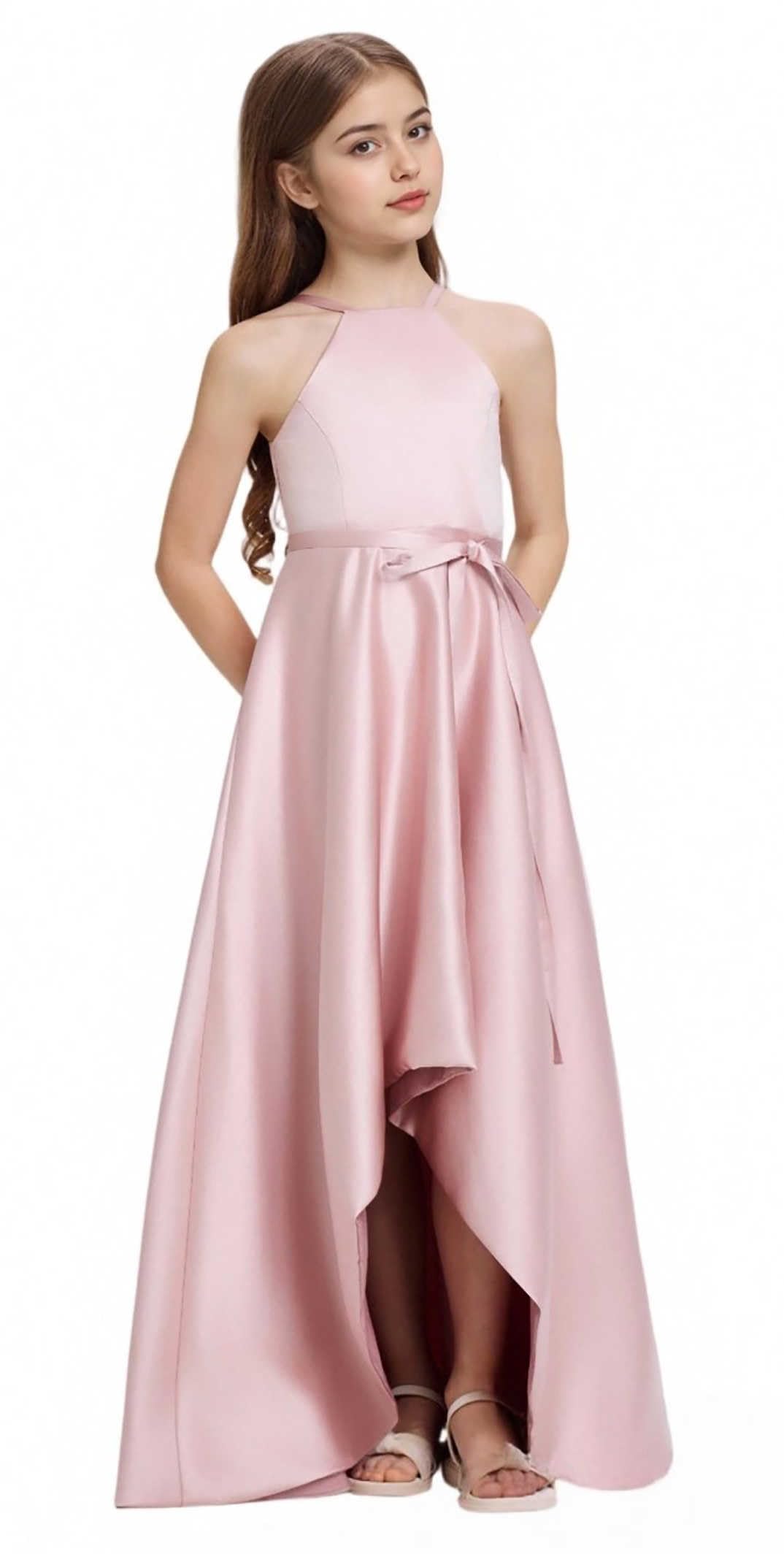 Satin Junior Bridesmaid Teens Halter Neck Flower Girl Dress Hi-Low Skirt Bow Belt Princess Pageant Formal Gown