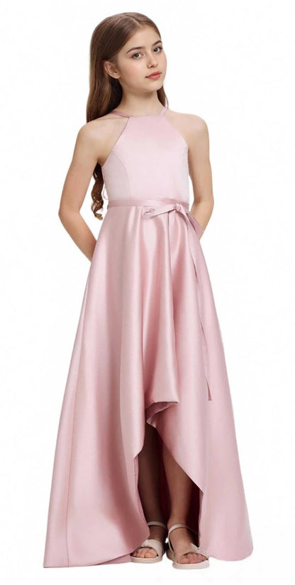 Satin Junior Bridesmaid Teens Halter Neck Flower Girl Dress Hi-Low Skirt Bow Belt Princess Pageant Formal Gown