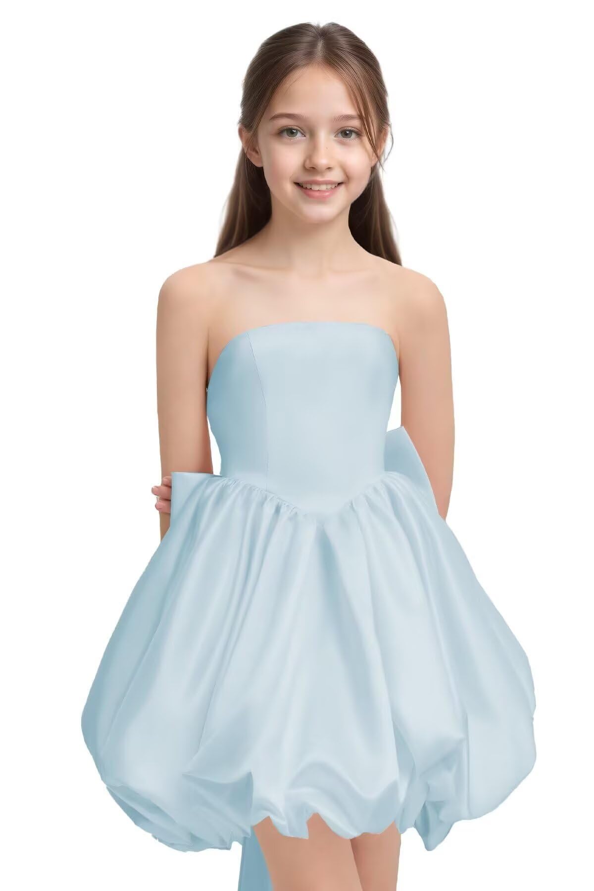 Girls' Satin Strapless Party Dress with Large Bow and Train Wedding Guest Formal Evening Party Dress 2-14