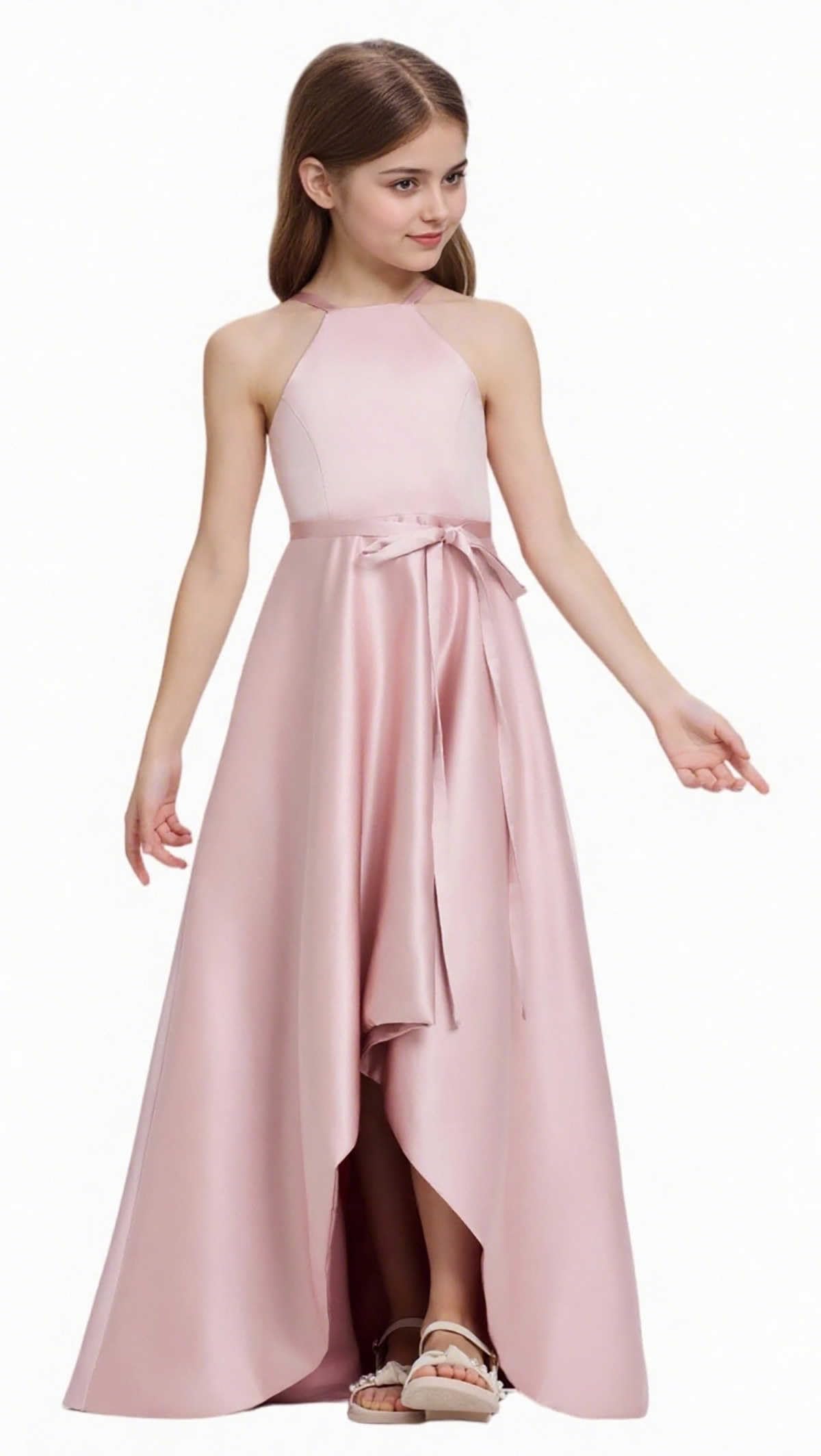 Satin Junior Bridesmaid Teens Halter Neck Flower Girl Dress Hi-Low Skirt Bow Belt Princess Pageant Formal Gown