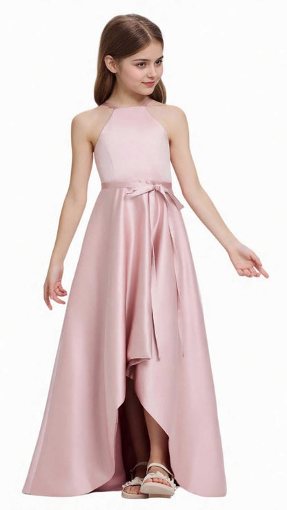 Satin Junior Bridesmaid Teens Halter Neck Flower Girl Dress Hi-Low Skirt Bow Belt Princess Pageant Formal Gown