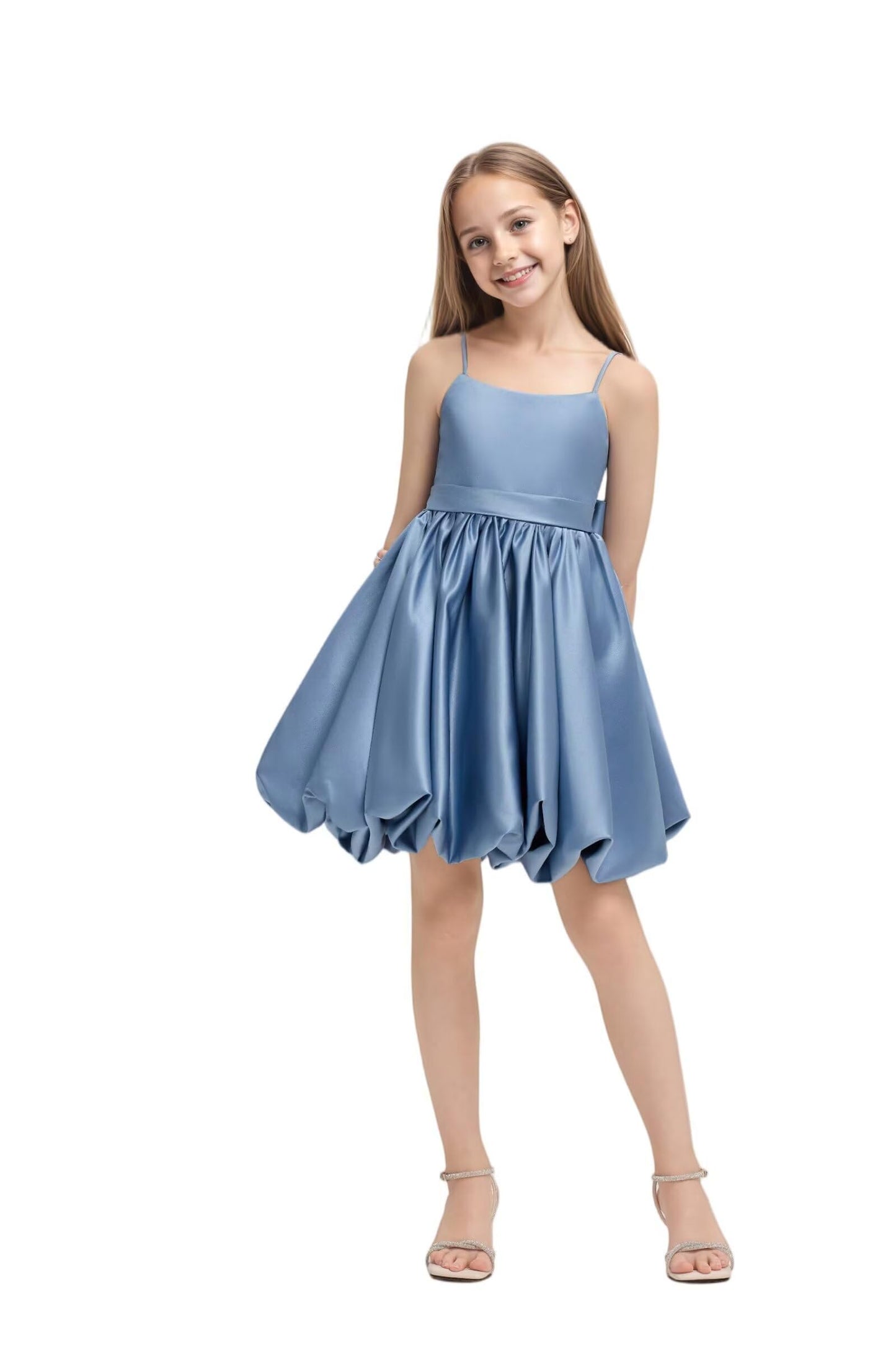 Girls' Satin Bubble Hem Dress Spaghetti Strap Party Wedding Flower Girl Outfit 2-14
