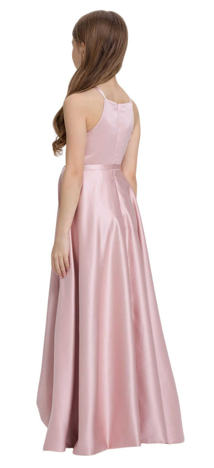 Satin Junior Bridesmaid Teens Halter Neck Flower Girl Dress Hi-Low Skirt Bow Belt Princess Pageant Formal Gown