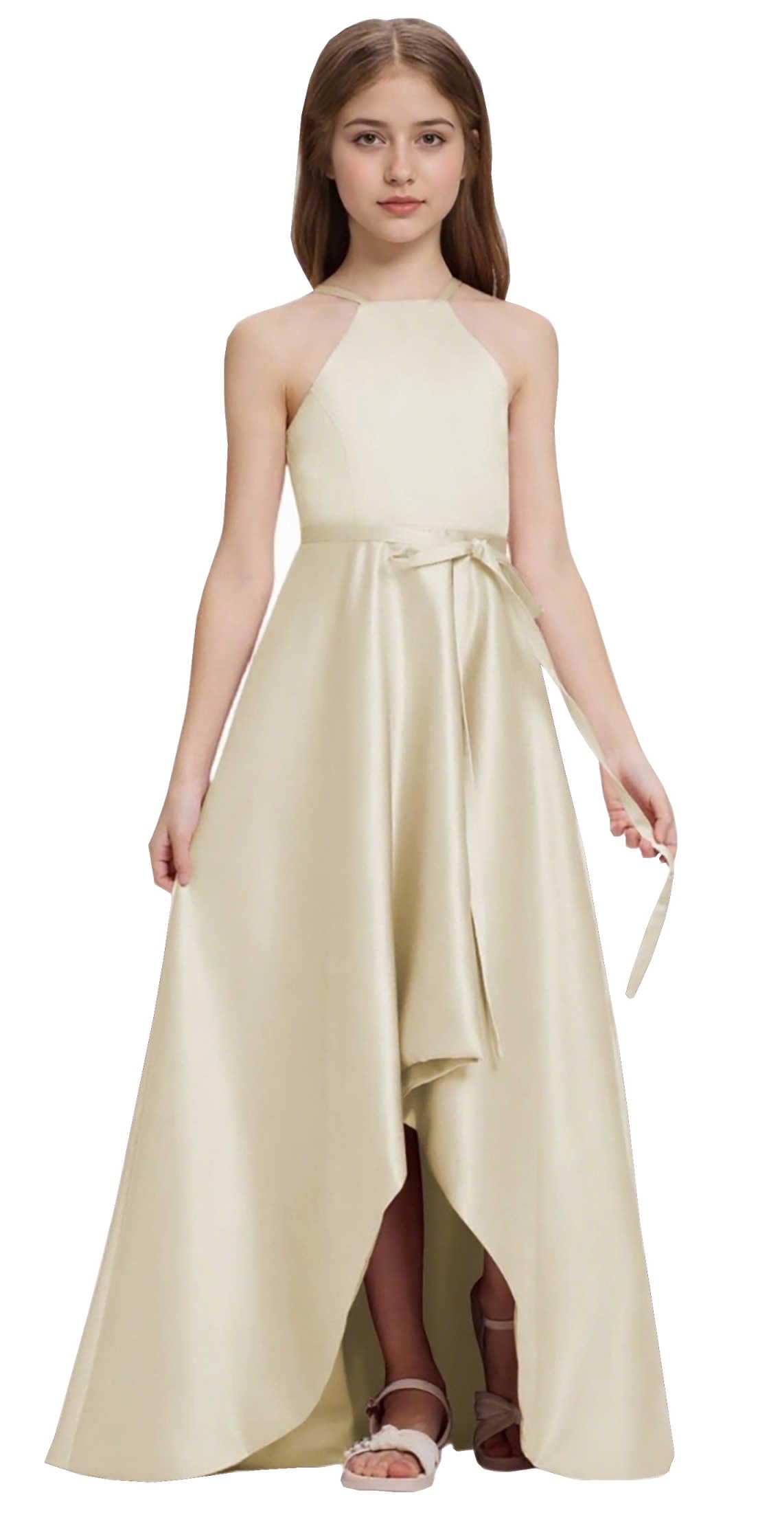 Satin Junior Bridesmaid Teens Halter Neck Flower Girl Dress Hi-Low Skirt Bow Belt Princess Pageant Formal Gown