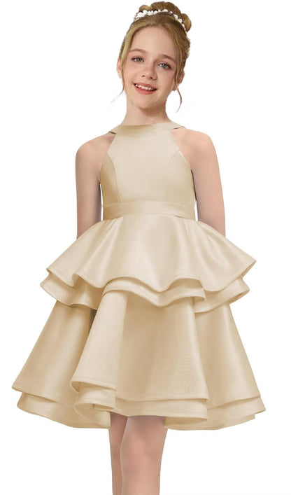 Satin Flower Girl Dress Layers Pageant Dresses Short Party Formal Ball Gown for Girls UJR086