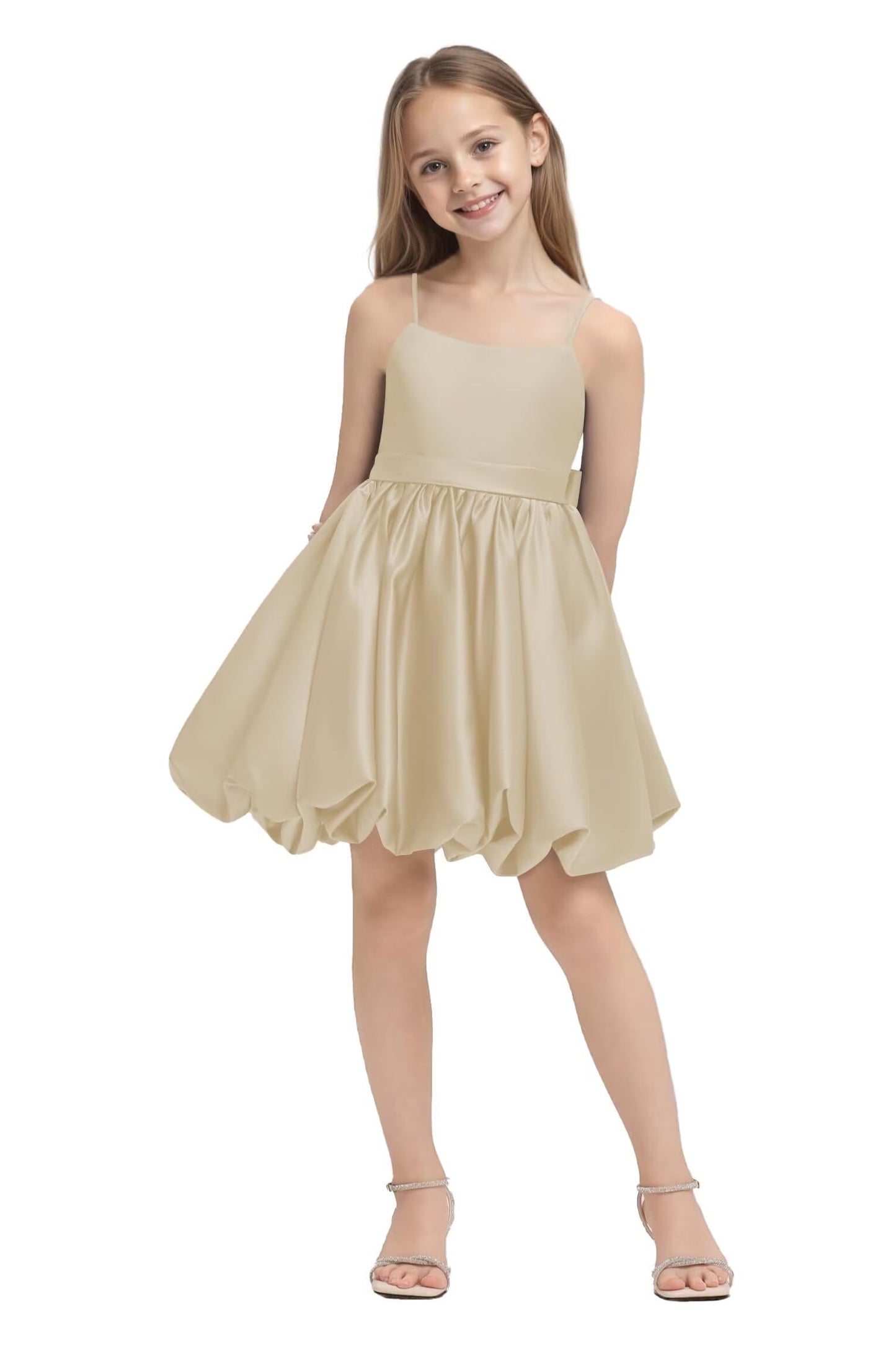 Girls' Satin Bubble Hem Dress Spaghetti Strap Party Wedding Flower Girl Outfit 2-14