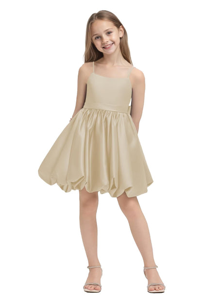 Girls' Satin Bubble Hem Dress Spaghetti Strap Party Wedding Flower Girl Outfit 2-14