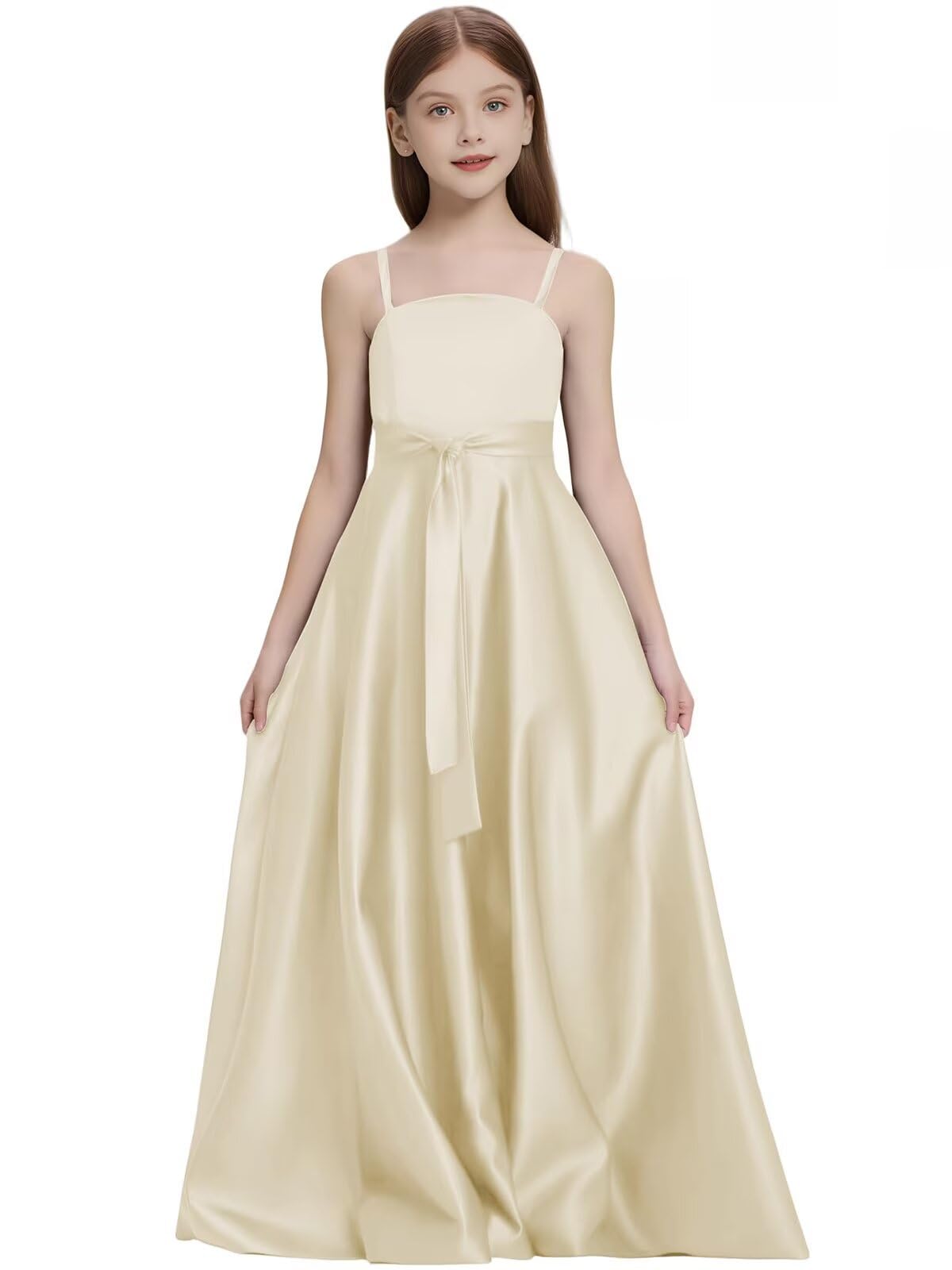 Satin Junior Bridesmaid Dress with Pockets Spaghetti Straps Bow Belt Flower Girl Dresses for Wedding