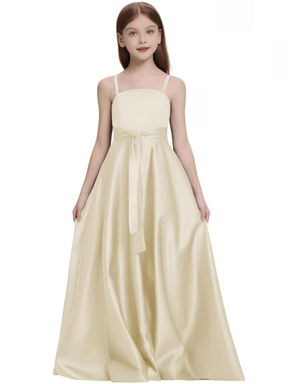 Satin Junior Bridesmaid Dress with Pockets Spaghetti Straps Bow Belt Flower Girl Dresses for Wedding