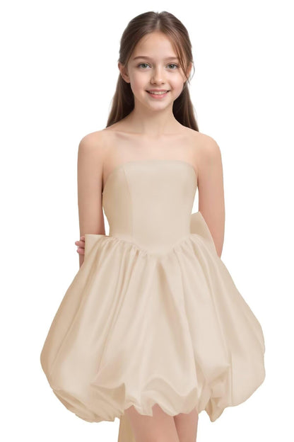 Girls' Satin Strapless Party Dress with Large Bow and Train Wedding Guest Formal Evening Party Dress 2-14